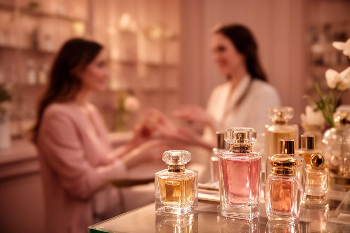 Luxuriöses Duftatelier mit edlen Flakons, warmem Licht und eleganter Beratungssituation in Zürich