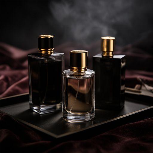 Dunkle Luxusparfums mit goldenen Akzenten auf einem samtigen Präsentationstablett