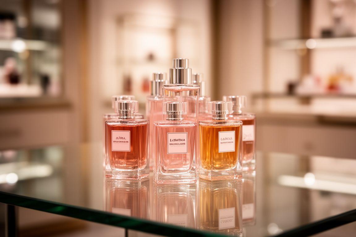 Luxury perfume bottles arranged on a polished glass table in a Zurich showroom with warm ambient light